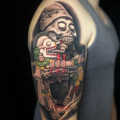 Read more about the article Neo-Traditional dagger, flower, mask, skeleton and skull Tattoo by Goethe Silva — Los Angeles, CA