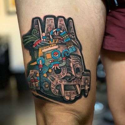 Illustrative face, hand and mask Tattoo by Goethe Silva — Los Angeles, CA