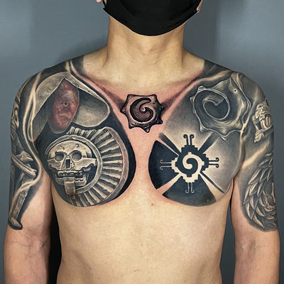 Blackwork skull, spiral and sun Tattoo by Goethe Silva — Los Angeles, CA