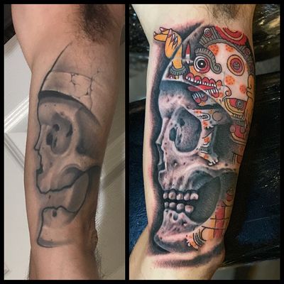 Read more about the article Neo-Traditional flower, pattern and skull Tattoo by Goethe Silva — Los Angeles, CA