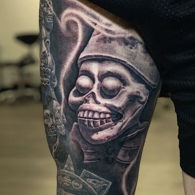 Realism dollar bill, skull and statue Tattoo by Goethe Silva — Los Angeles, CA