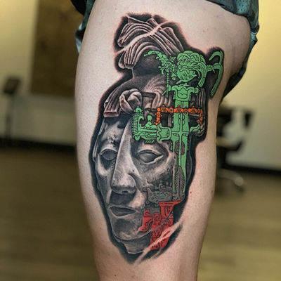 Illustrative face, plant and text Tattoo by Goethe Silva — Los Angeles, CA