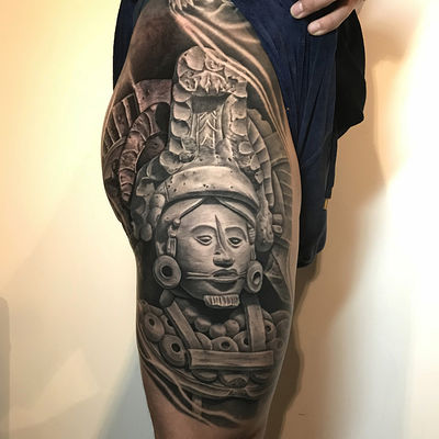 Realism figure, mask and pattern Tattoo by Goethe Silva — Los Angeles, CA